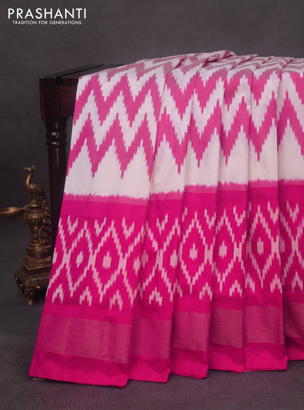 Pochampally silk saree off white and pink with allover zig zag weaves and zari woven border