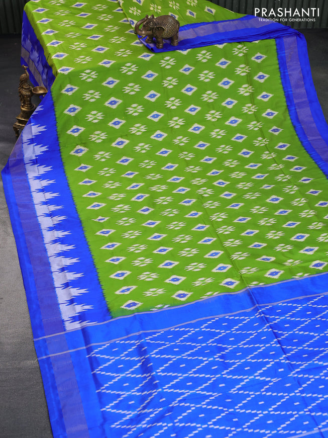 Pochampally silk saree light green and royal blue with allover ikat butta weaves and zari woven border