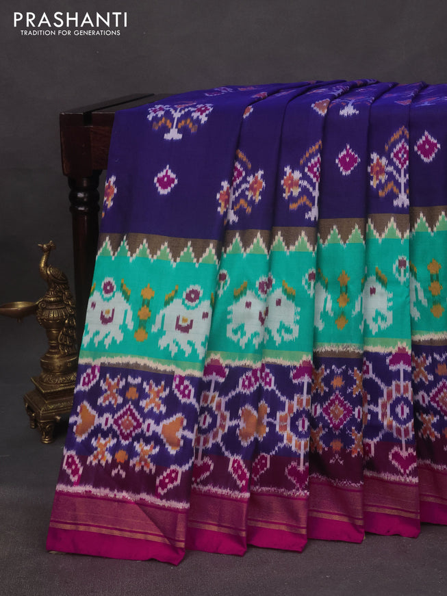 Pochampally silk saree blue and pink with allover ikat butta weaves and ikat woven zari border