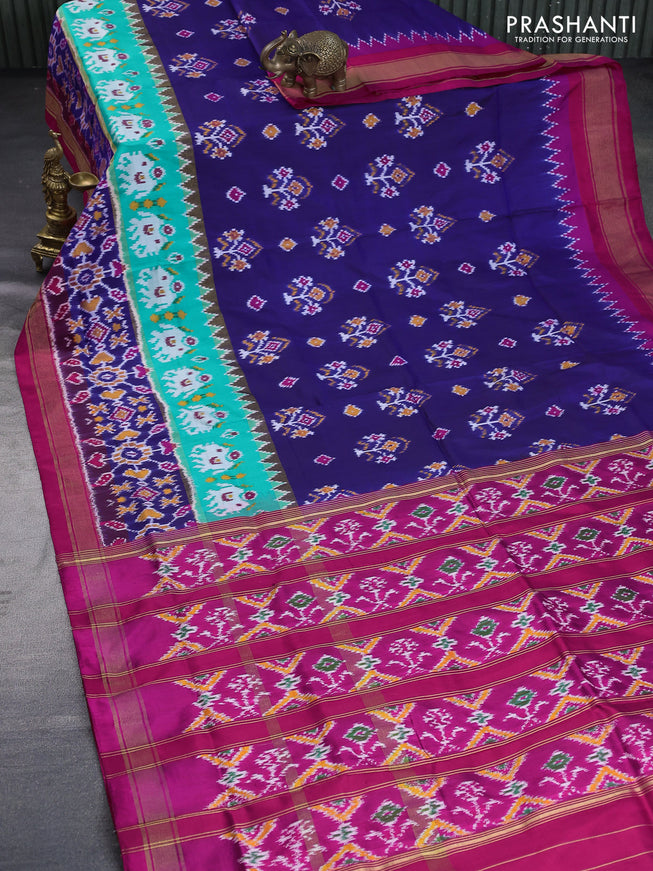 Pochampally silk saree blue and pink with allover ikat butta weaves and ikat woven zari border