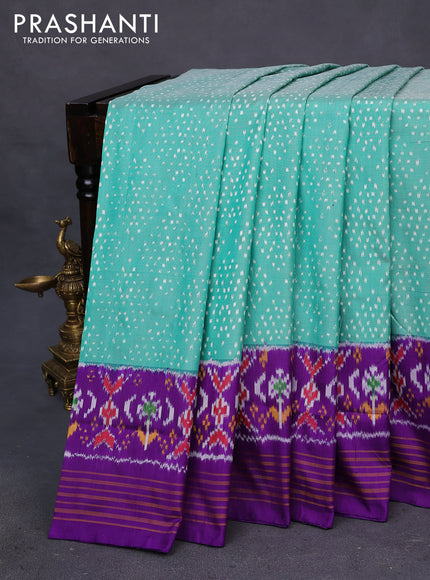 Pochampally silk saree teal green shade and violet with allover ikat weaves and long ikat woven border