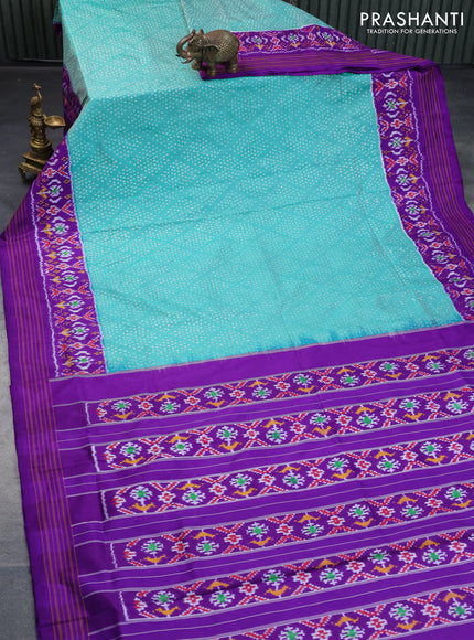 Pochampally silk saree teal green shade and violet with allover ikat weaves and long ikat woven border