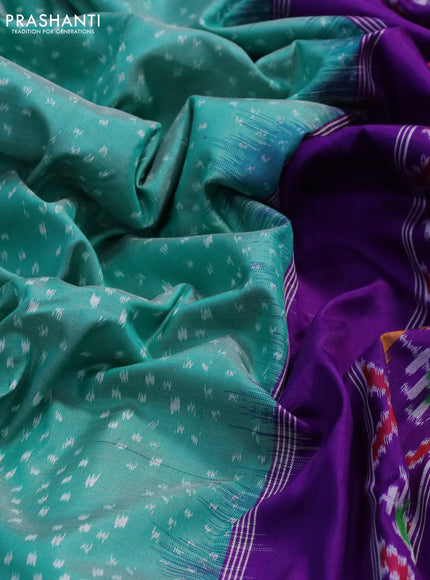 Pochampally silk saree teal green shade and violet with allover ikat weaves and long ikat woven border