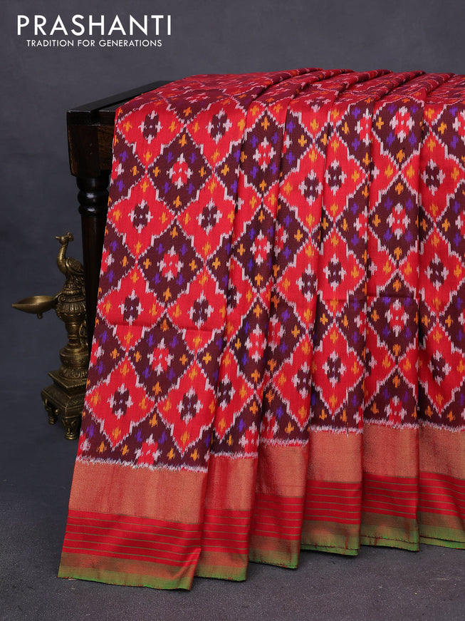 Pochampally silk saree deep maroon and red green with allover ikat weaves and zari woven simple border