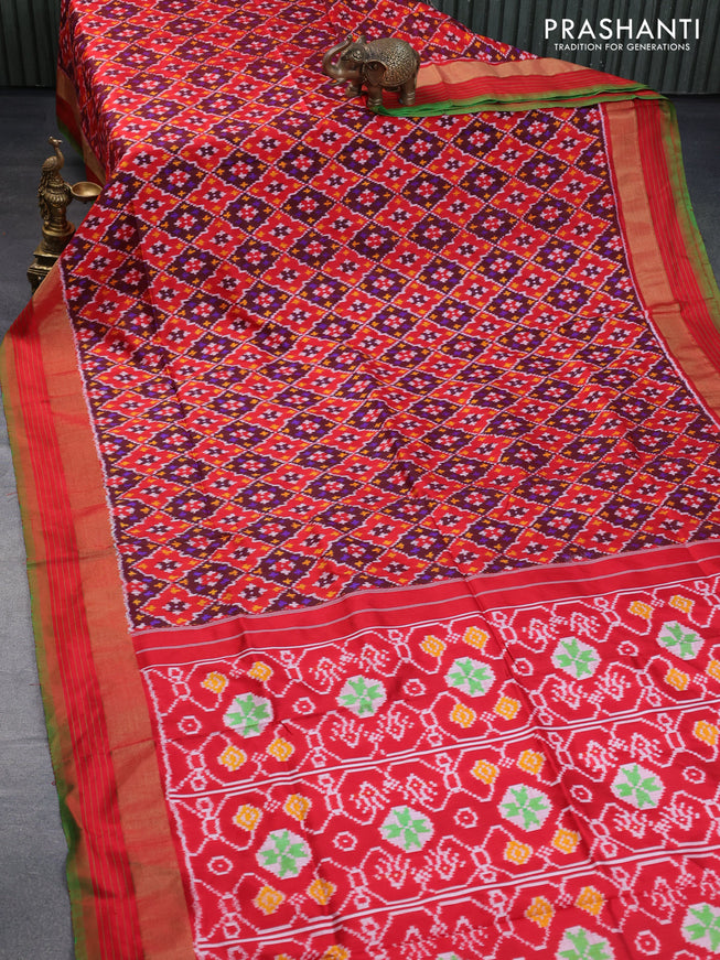 Pochampally silk saree deep maroon and red green with allover ikat weaves and zari woven simple border