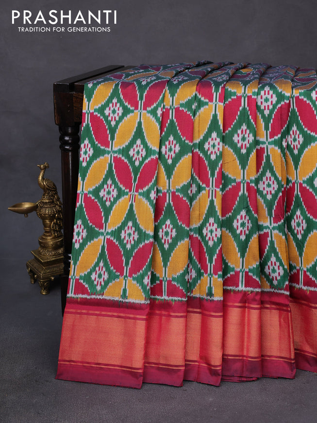 Pochampally silk saree dark green and maroon with allover ikat weaves and zari woven border