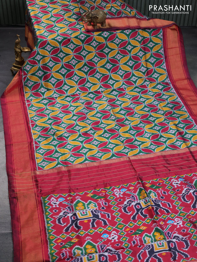 Pochampally silk saree dark green and maroon with allover ikat weaves and zari woven border