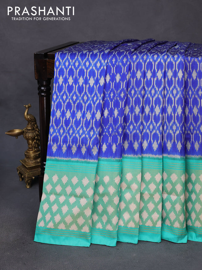 Pochampally silk saree royal blue and teal green with allover ikat weaves and long ikat woven zari border