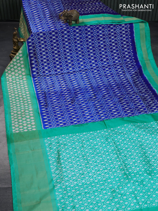 Pochampally silk saree royal blue and teal green with allover ikat weaves and long ikat woven zari border