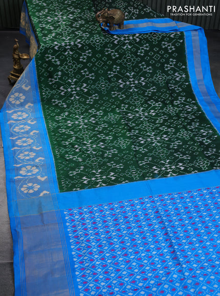 Pochampally silk saree dark green and cs blue with allover ikat weaves and long ikat woven zari border