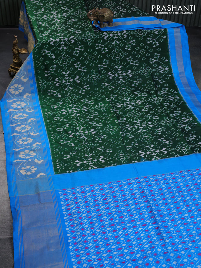 Pochampally silk saree dark green and cs blue with allover ikat weaves and long ikat woven zari border