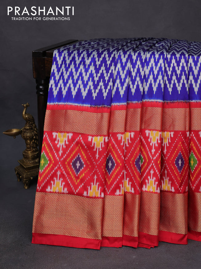 Pochampally silk saree blue grey and red with allover ikat weaves and long zari woven ikat border