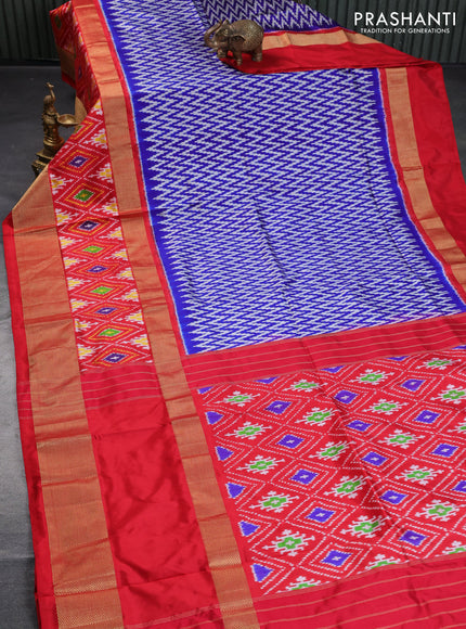 Pochampally silk saree blue grey and red with allover ikat weaves and long zari woven ikat border