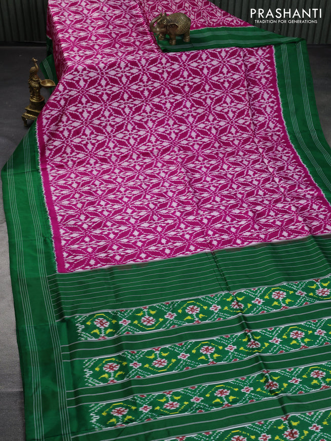 Pochampally silk saree magenta pink and green with allover ikat weaves and simple rettapet border