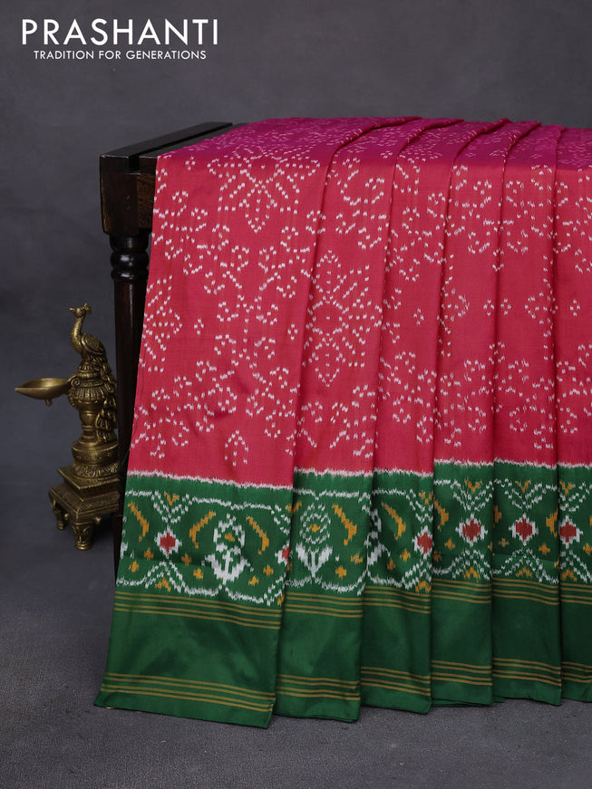 Pochampally silk saree red and green with allover ikat weaves and ikat woven rettapet border