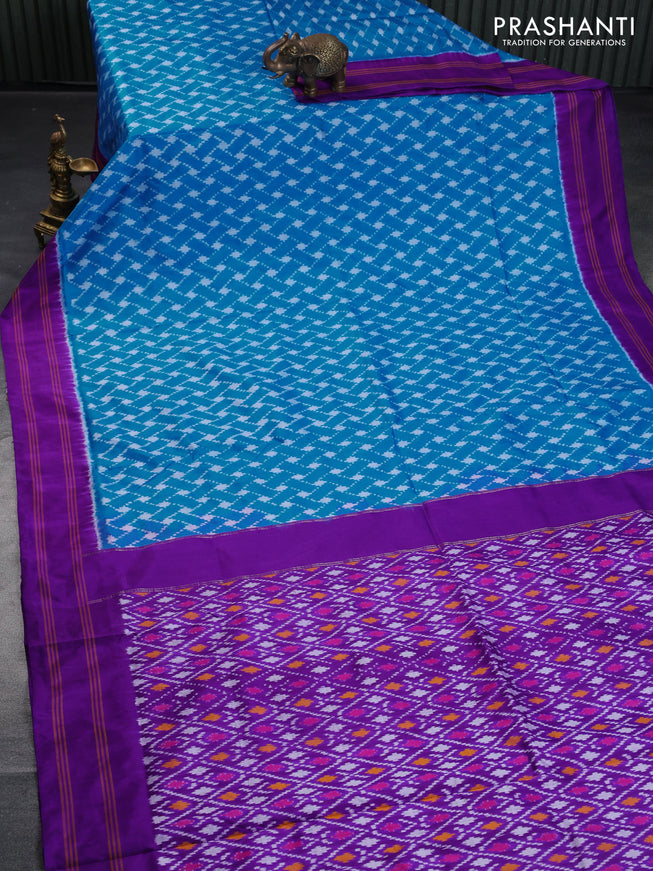 Pochampally silk saree cs blue and purple with allover ikat weaves and simple rettapet border