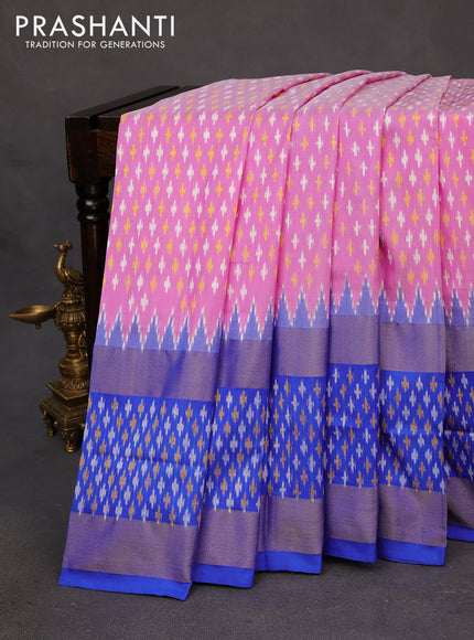 Pochampally silk saree pink and royal blue with allover ikat butta weaves and long zari woven ikat style border