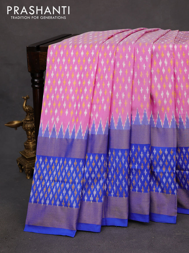 Pochampally silk saree pink and royal blue with allover ikat butta weaves and long zari woven ikat style border