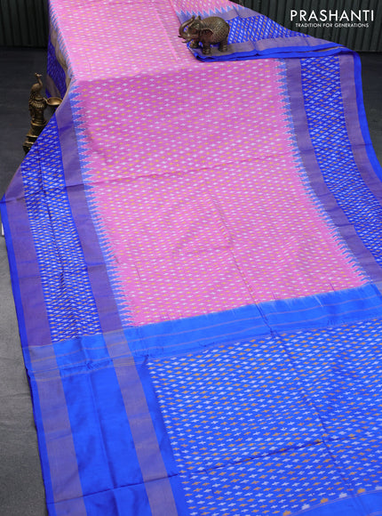 Pochampally silk saree pink and royal blue with allover ikat butta weaves and long zari woven ikat style border