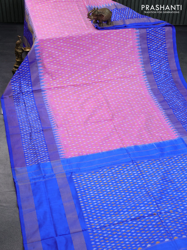 Pochampally silk saree pink and royal blue with allover ikat butta weaves and long zari woven ikat style border