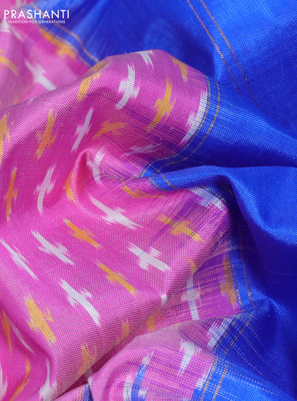 Pochampally silk saree pink and royal blue with allover ikat butta weaves and long zari woven ikat style border