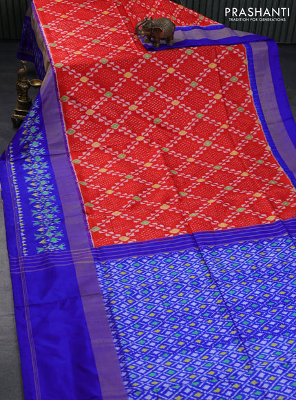 Pochampally silk saree orange and royal blue with allover ikat weaves and zari woven ikat style border