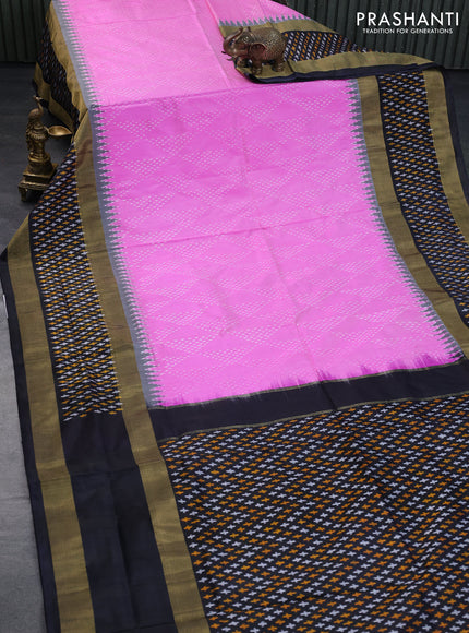 Pochampally silk saree pink and black with allover ikat weaves and long zari woven ikat style border