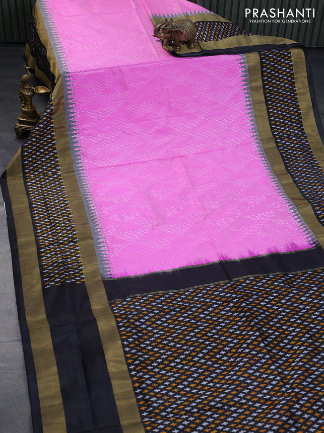 Pochampally silk saree pink and black with allover ikat weaves and long zari woven ikat style border