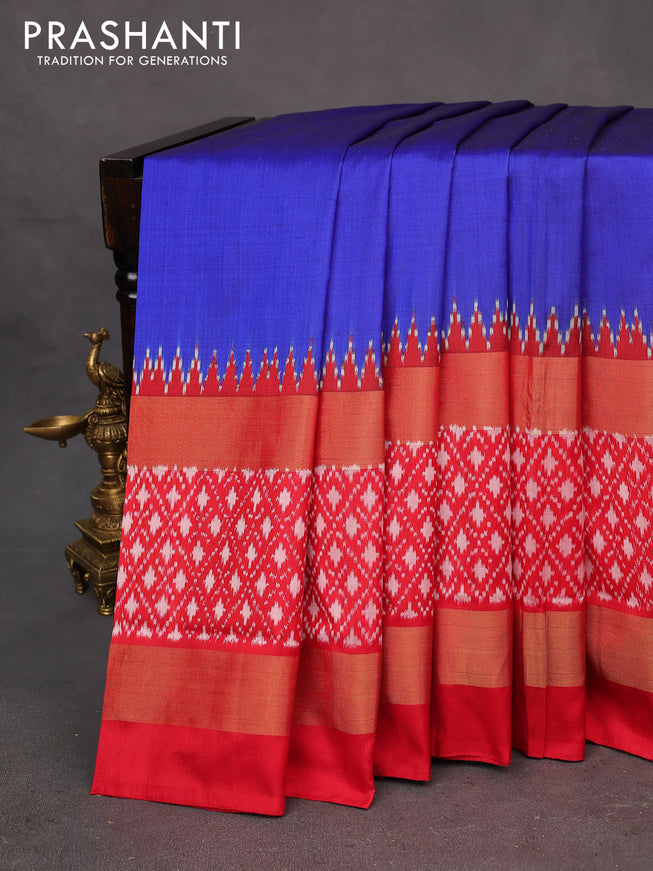 Pochampally silk saree blue and red with plain body and long zari woven ikat style border