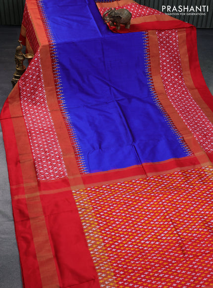 Pochampally silk saree blue and red with plain body and long zari woven ikat style border