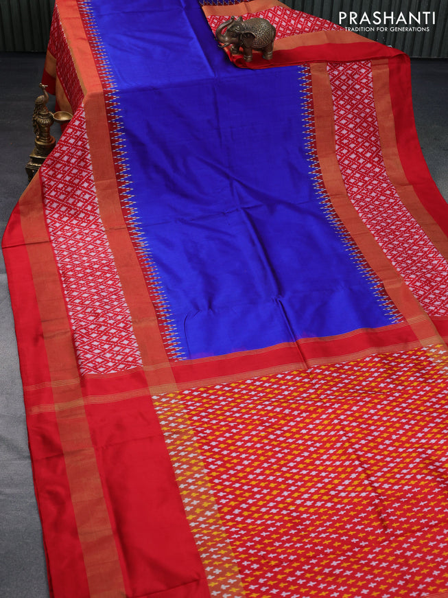 Pochampally silk saree blue and red with plain body and long zari woven ikat style border