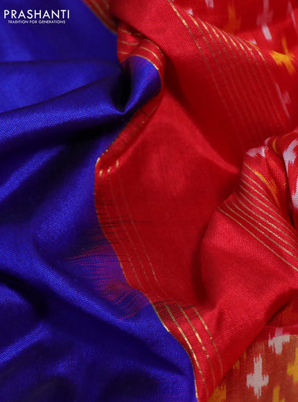 Pochampally silk saree blue and red with plain body and long zari woven ikat style border