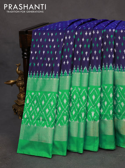 Pochampally silk saree navy blue and teal green shade with allover ikat butta weaves and long zari woven ikat style border