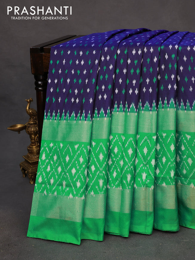 Pochampally silk saree navy blue and teal green shade with allover ikat butta weaves and long zari woven ikat style border