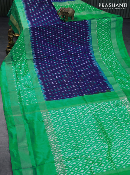 Pochampally silk saree navy blue and teal green shade with allover ikat butta weaves and long zari woven ikat style border