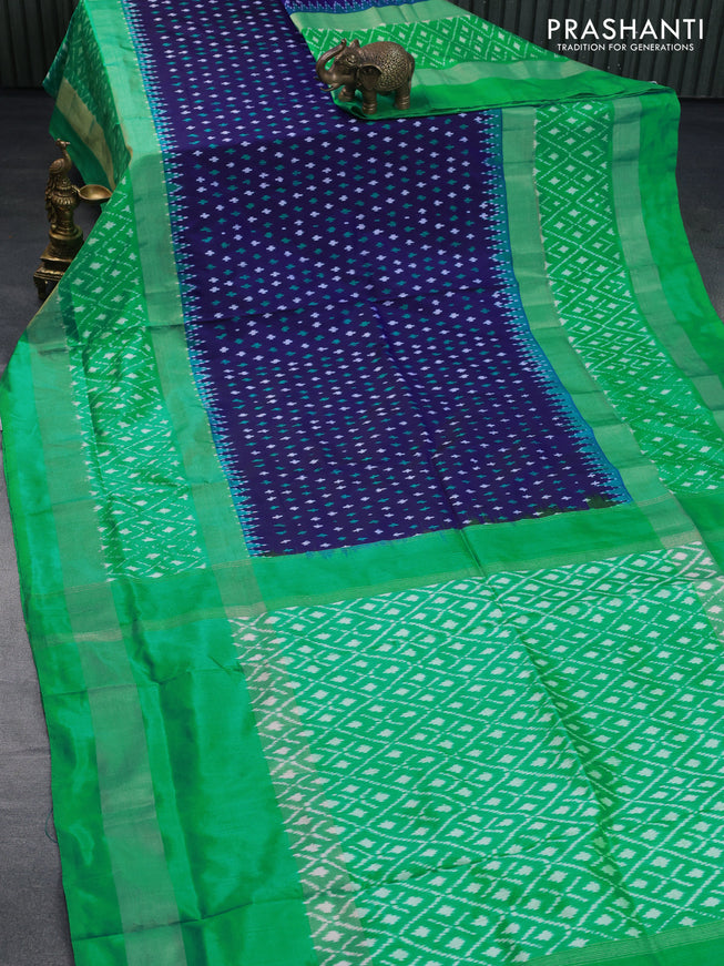 Pochampally silk saree navy blue and teal green shade with allover ikat butta weaves and long zari woven ikat style border