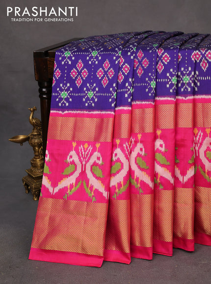 Pochampally silk saree blue and pink with allover ikat weaves and long ikat woven zari border