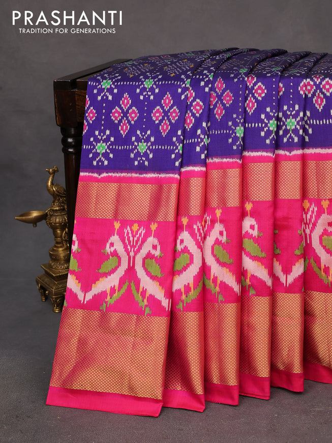 Pochampally silk saree blue and pink with allover ikat weaves and long ikat woven zari border