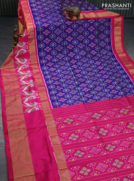 Pochampally silk saree blue and pink with allover ikat weaves and long ikat woven zari border