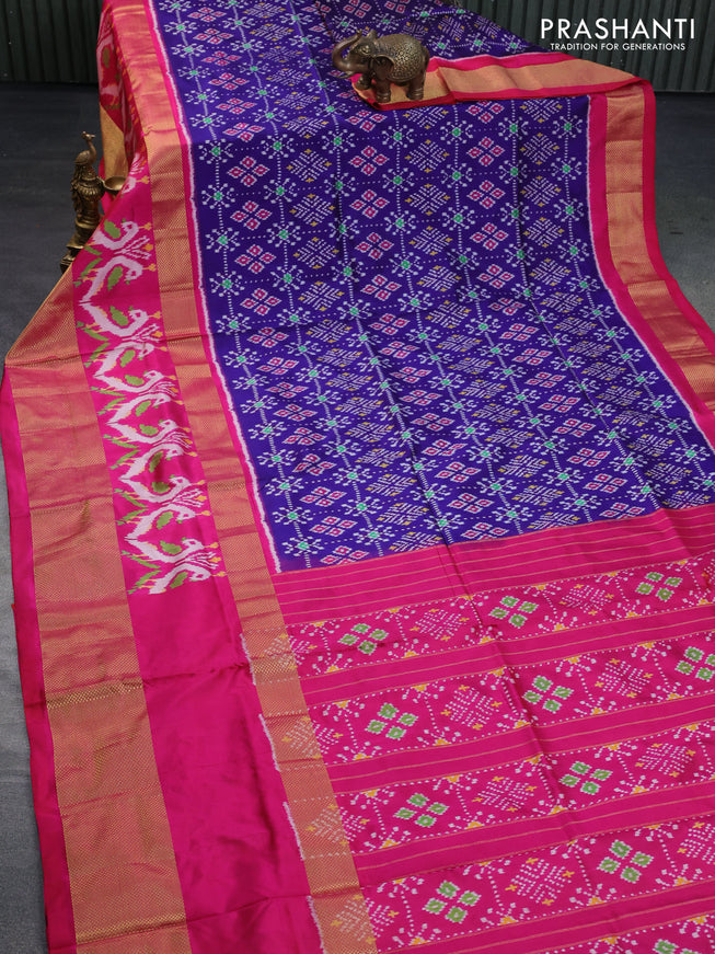 Pochampally silk saree blue and pink with allover ikat weaves and long ikat woven zari border