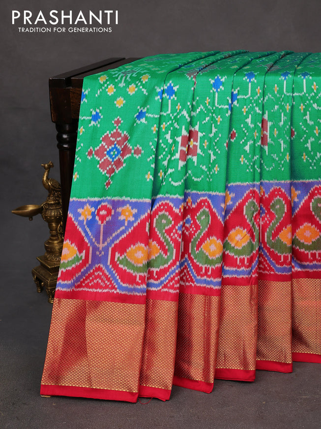 Pochampally silk saree teal shade and red with allover ikat weaves and long ikat woven zari border