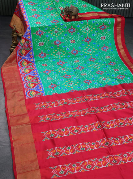 Pochampally silk saree teal shade and red with allover ikat weaves and long ikat woven zari border