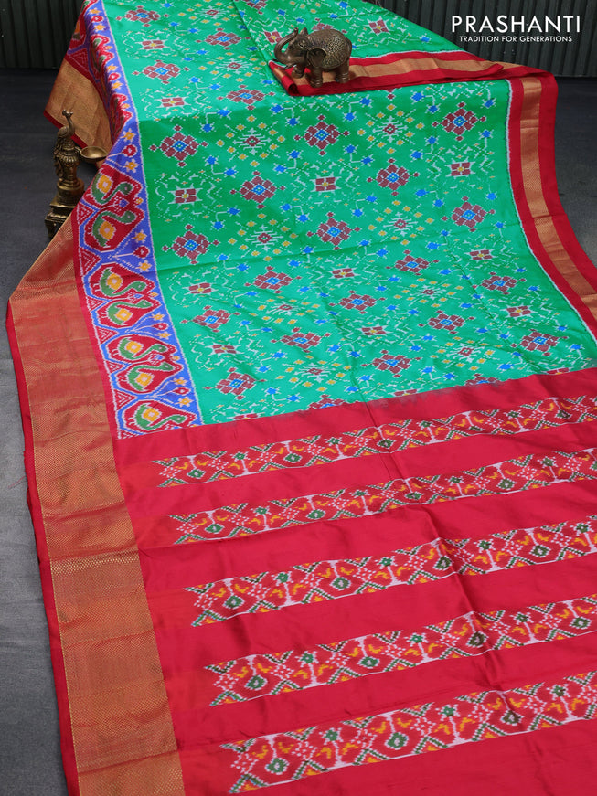 Pochampally silk saree teal shade and red with allover ikat weaves and long ikat woven zari border