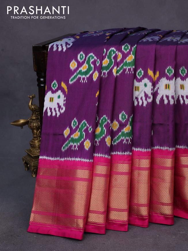 Pochampally silk saree deep purple and pink with patola prints and long zari woven border