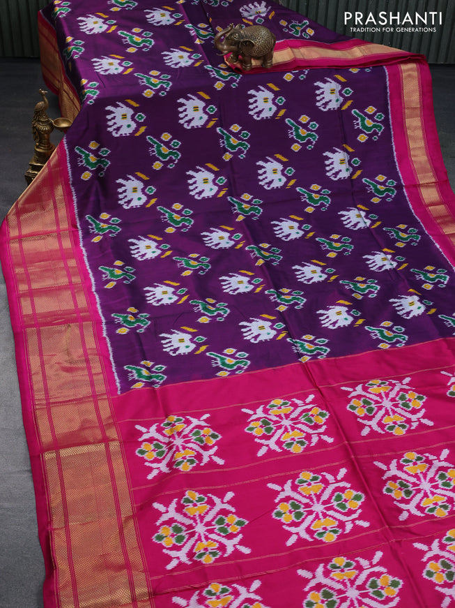 Pochampally silk saree deep purple and pink with patola prints and long zari woven border