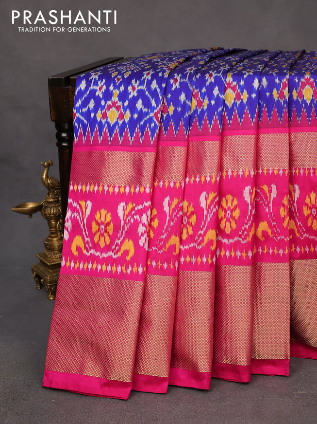 Pochampally silk saree blue and pink with allover ikat weaves and long ikat woven zari border