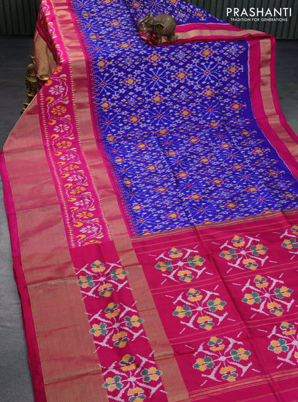 Pochampally silk saree blue and pink with allover ikat weaves and long ikat woven zari border