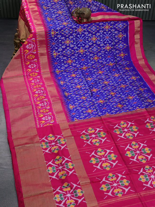 Pochampally silk saree blue and pink with allover ikat weaves and long ikat woven zari border