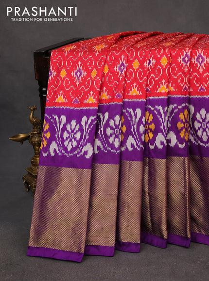 Pochampally silk saree red and purple with allover ikat weaves and long ikat woven zari border