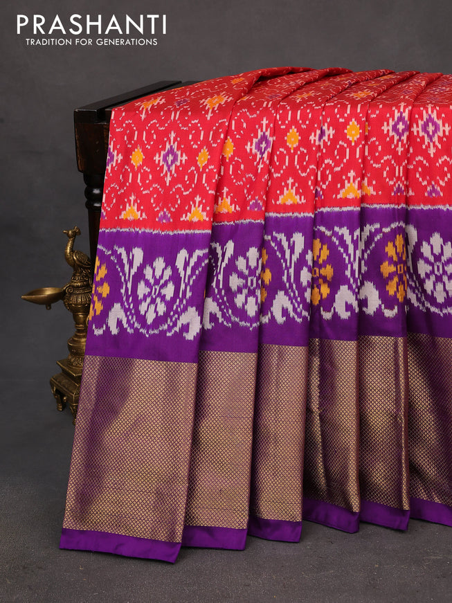 Pochampally silk saree red and purple with allover ikat weaves and long ikat woven zari border